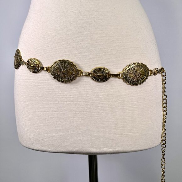 VTG 70s Gold Tone Medallion Concho Chain Waist Belt Boho Hippie Festival 26-40”